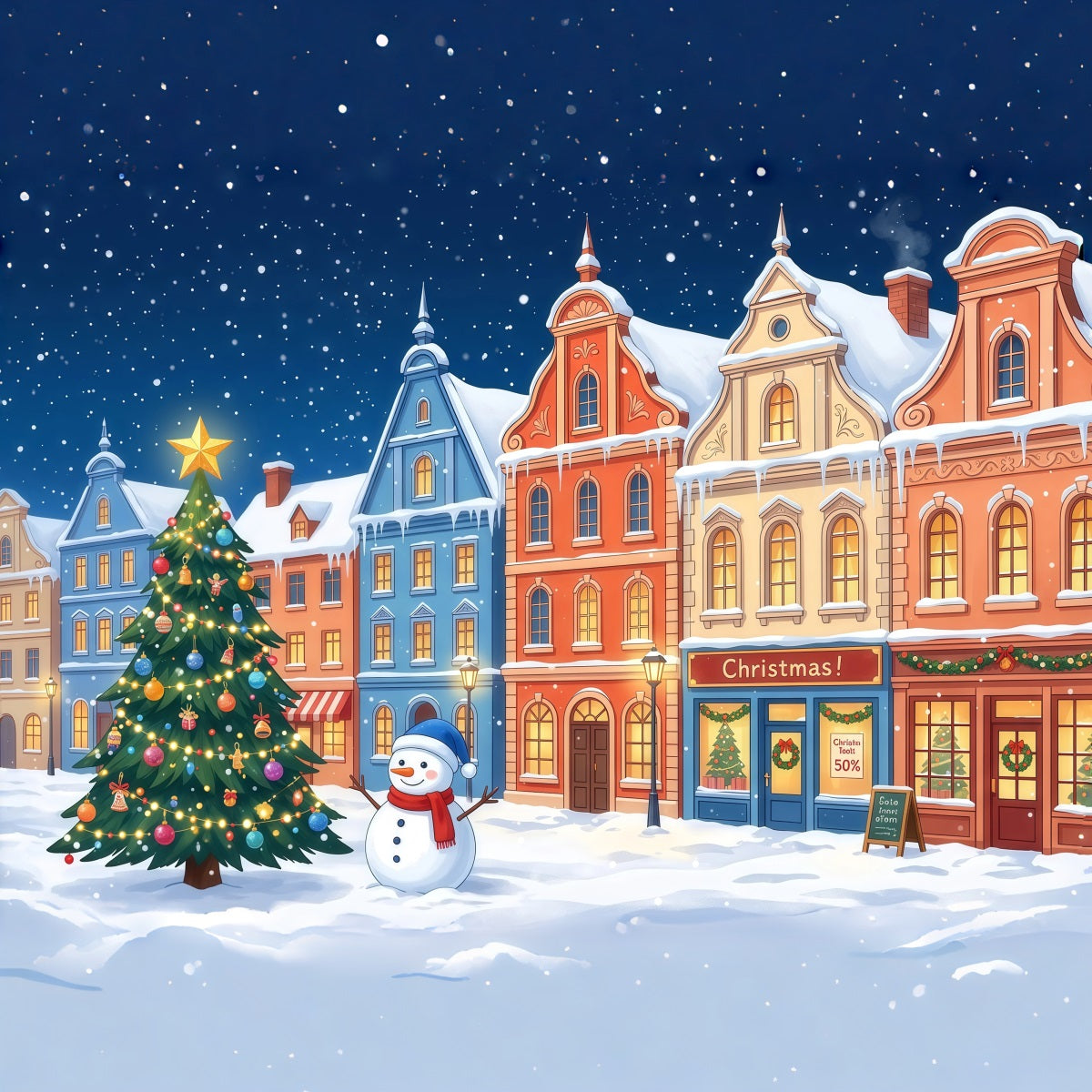 Christmas Town Backdrops Colorful Snowy Town Snowman Christmas Picture Backdrop UK RR610-97