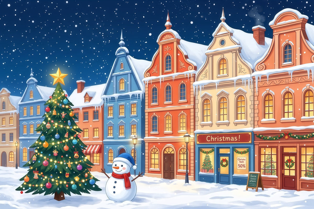 Christmas Town Backdrops Colorful Snowy Town Snowman Christmas Picture Backdrop UK RR610-97