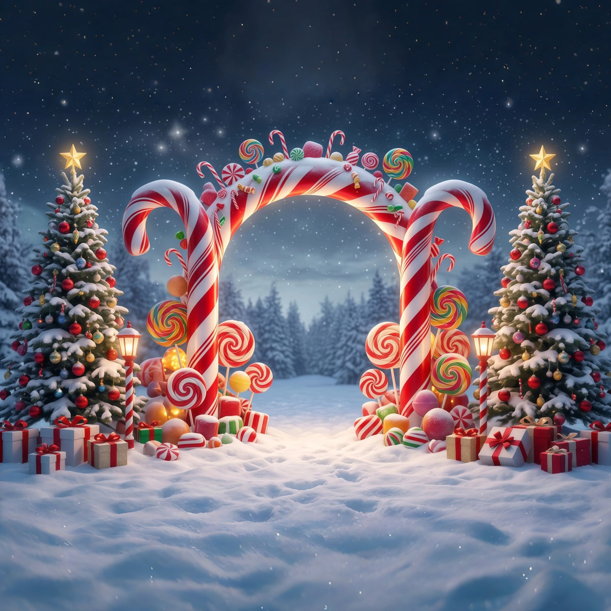 Christmas Candy Cane Backdrop Snowy Forest Lollipop Archway Christmas Party Backdrop UK RR610-98