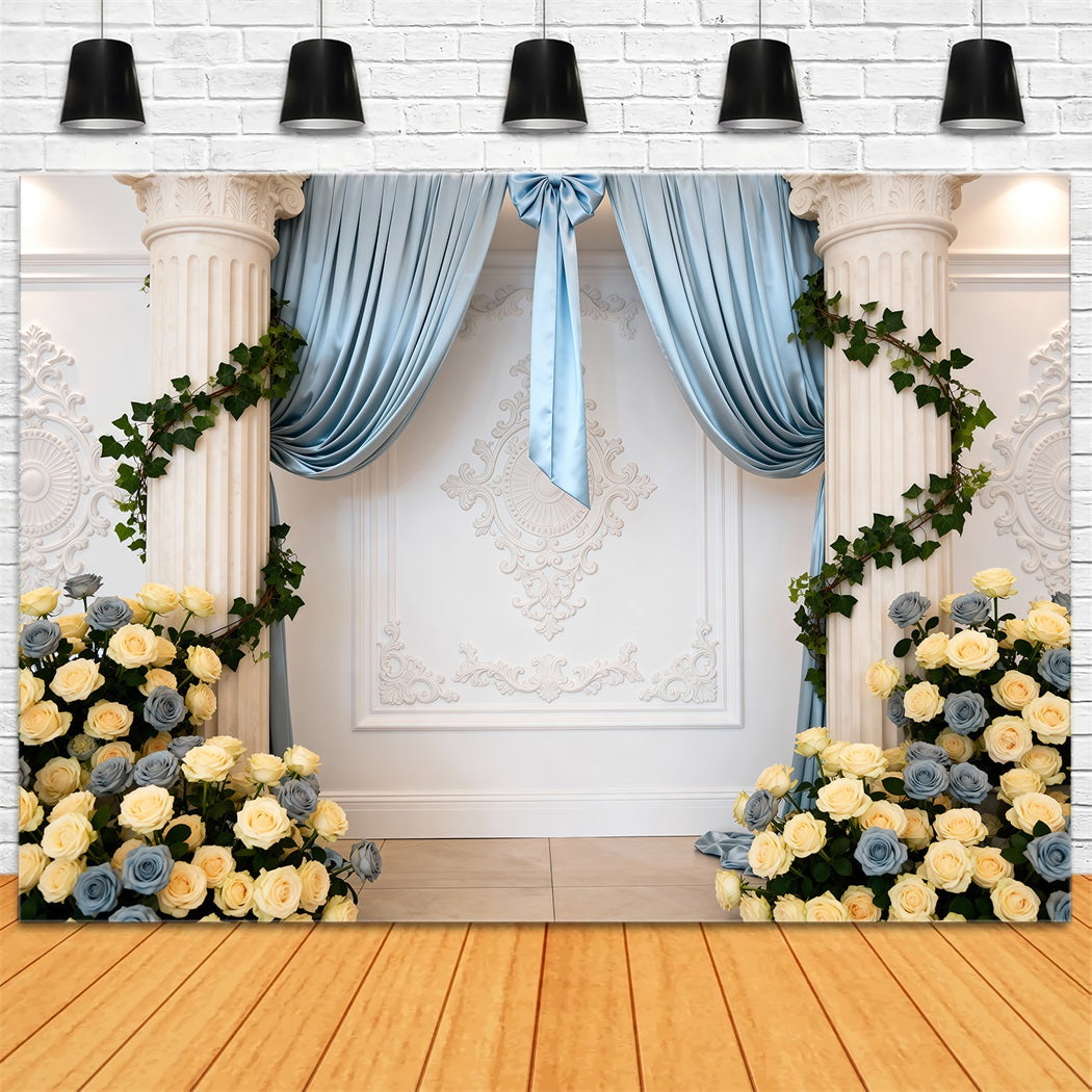 Spring Wedding Backdrop Blue Draped Rose Column Elegance Floral Backdrop UK RR62-10