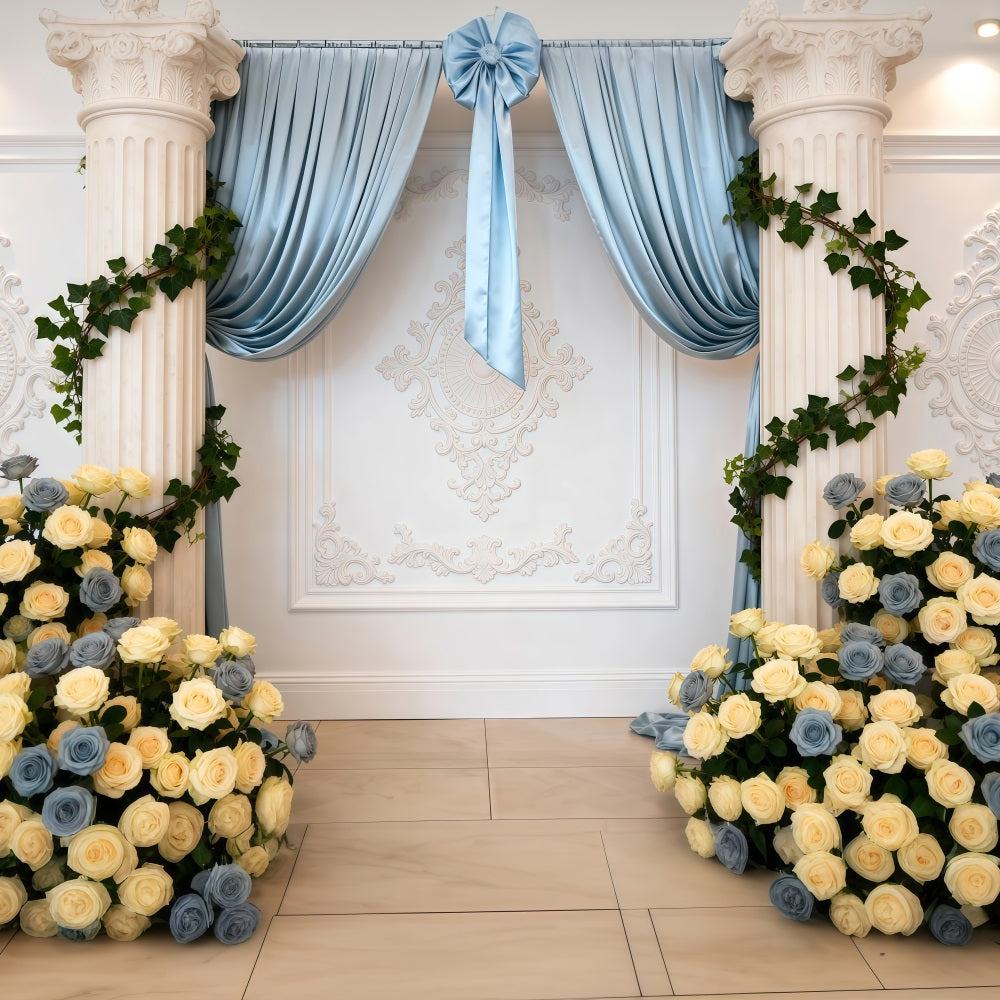 Spring Wedding Backdrop Blue Draped Rose Column Elegance Floral Backdrop UK RR62-10