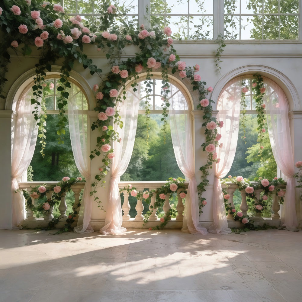 Garden Photo Backdrop Blush Rose Balcony Rose Arch Spring Backdrop Ideas UK RR62-11