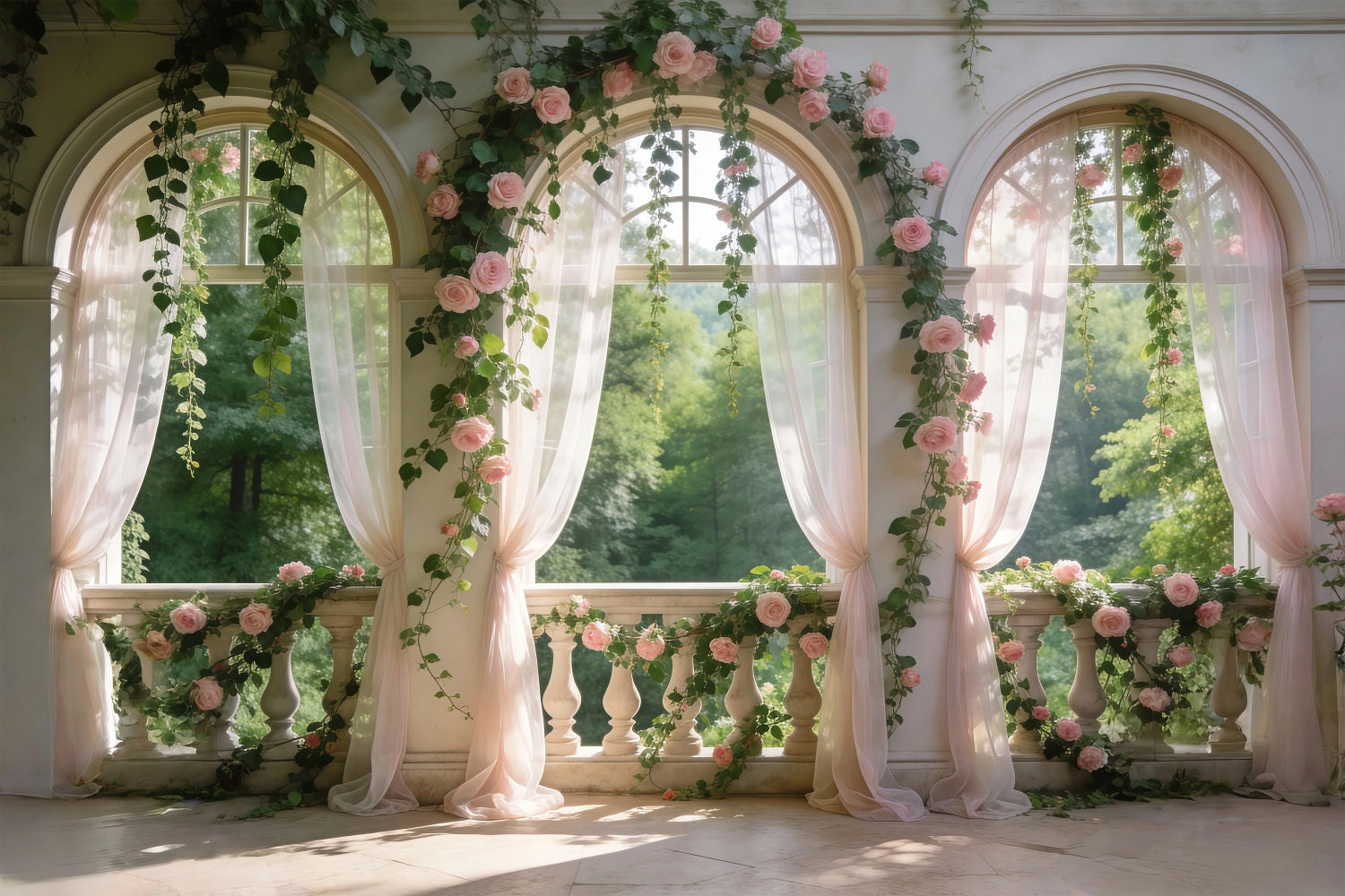 Garden Photo Backdrop Blush Rose Balcony Rose Arch Spring Backdrop Ideas UK RR62-11