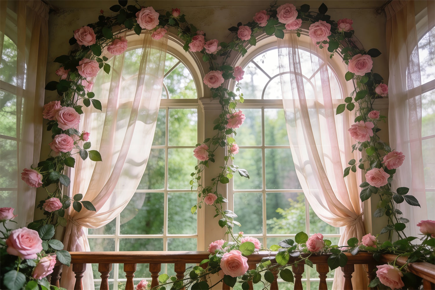 Rose Garden Backdrop Soft Pink Floral Window Glow Spring Photography Backdrops UK RR62-12