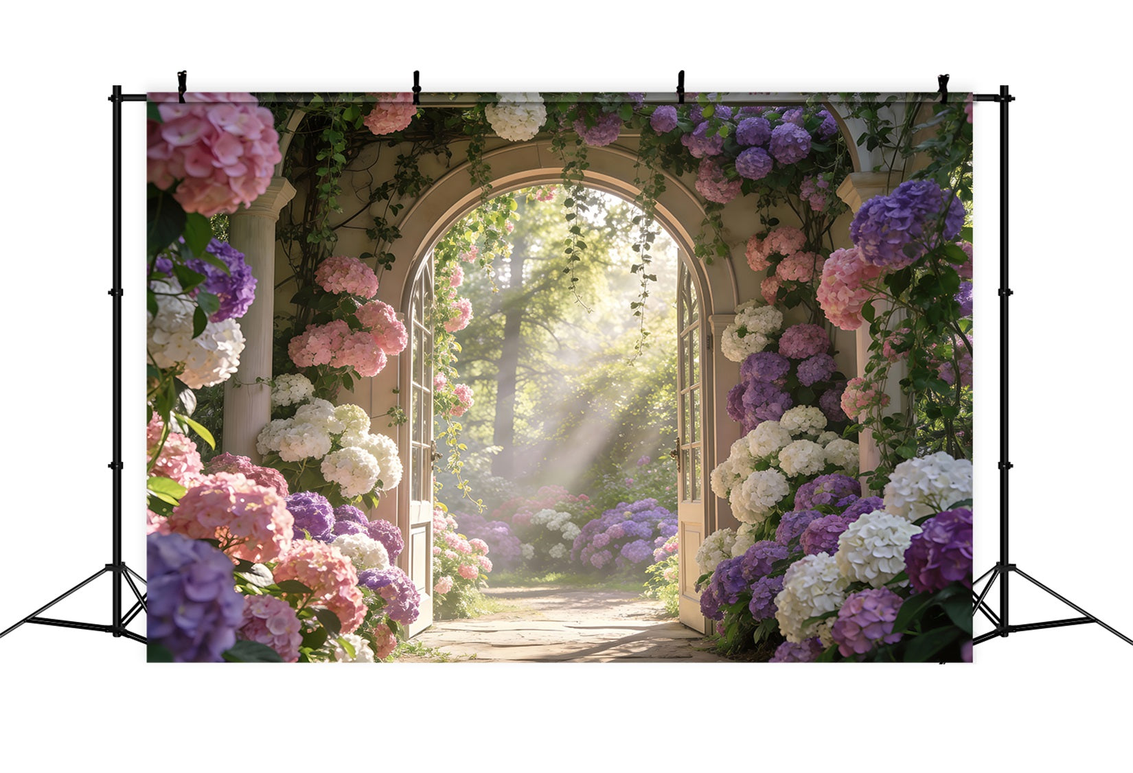 Enchanted Garden Photo Backdrop Sunlit Hydrangea Floral Archway Spring Backdrop UK RR62-13