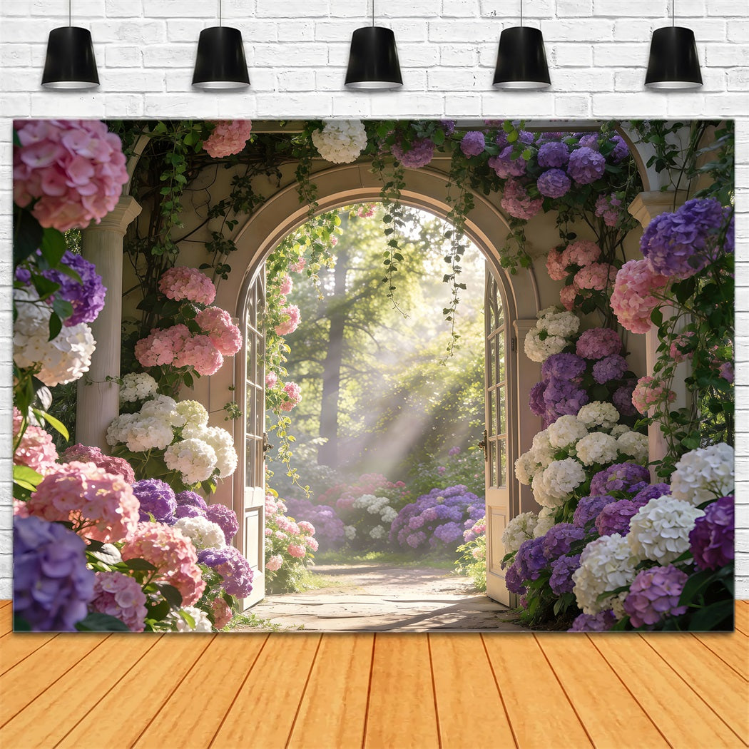 Enchanted Garden Photo Backdrop Sunlit Hydrangea Floral Archway Spring Backdrop UK RR62-13