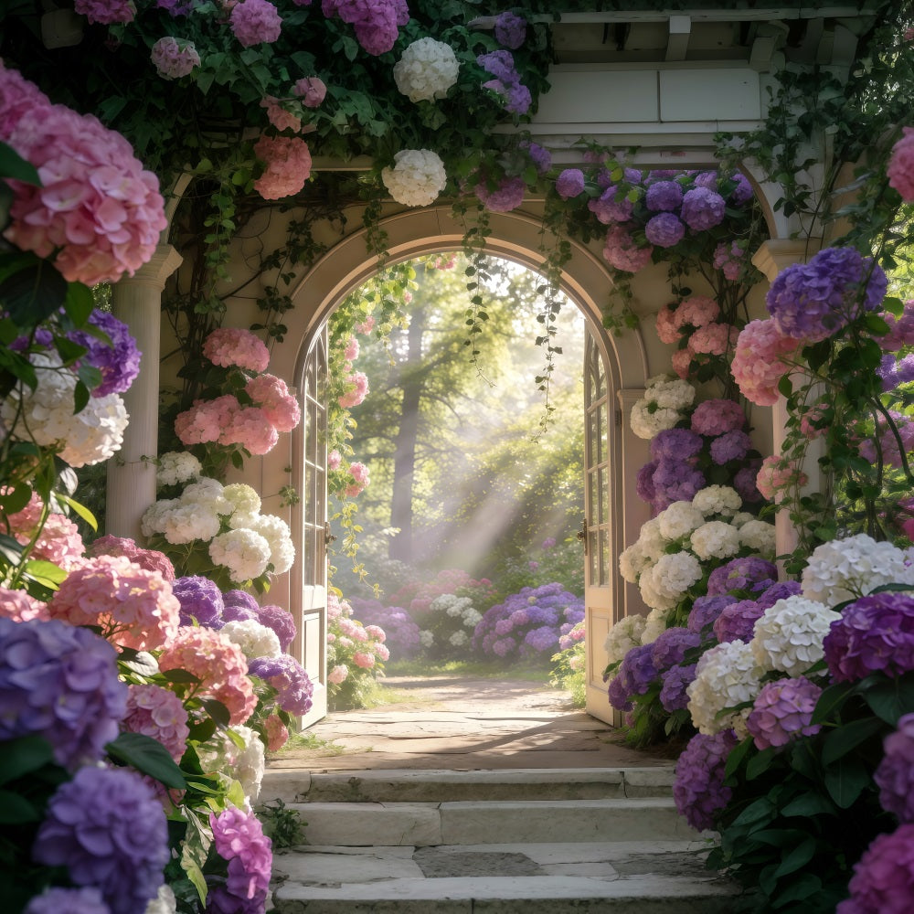 Enchanted Garden Photo Backdrop Sunlit Hydrangea Floral Archway Spring Backdrop UK RR62-13