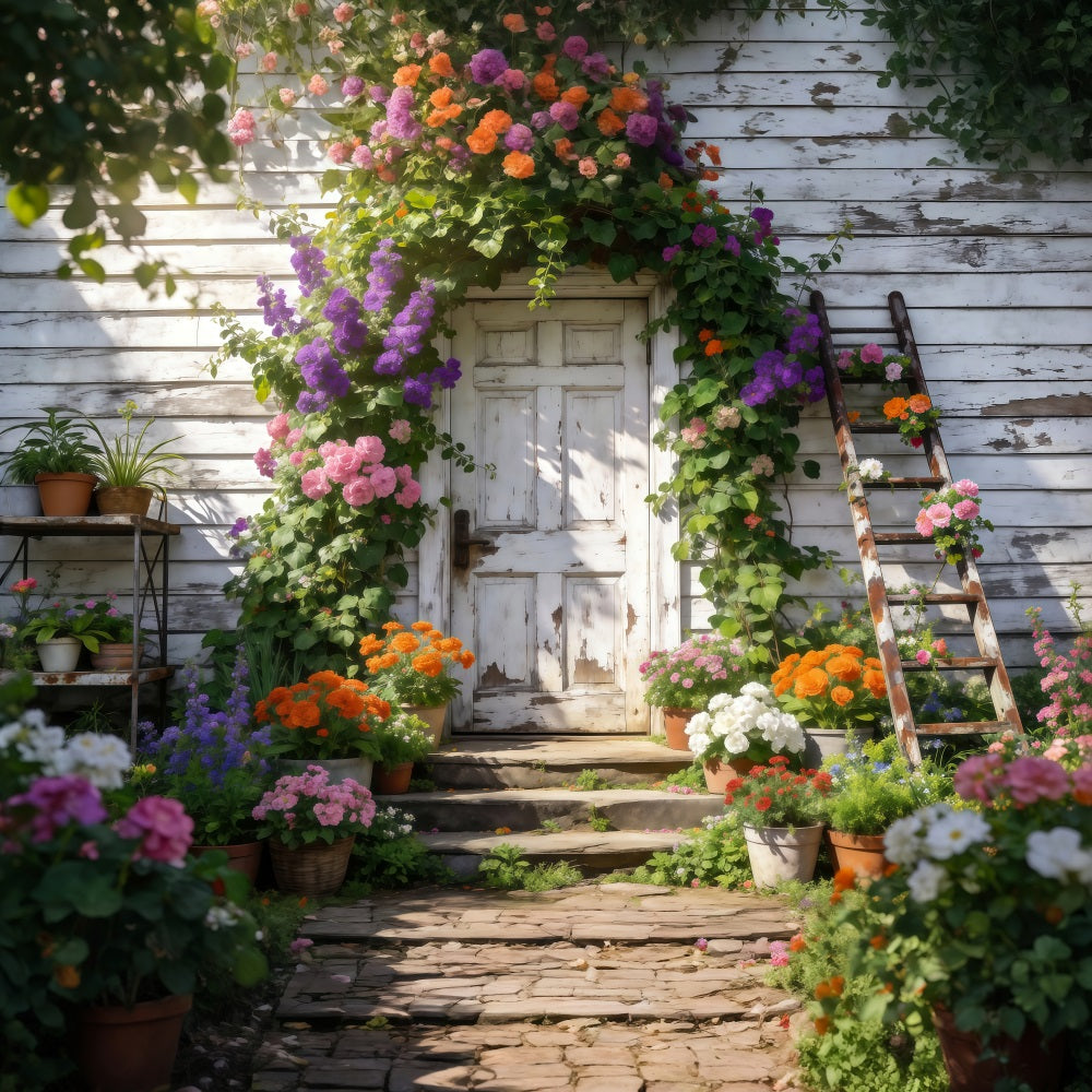 Spring Garden Backdrop Rustic Cottage Flower Doorway Floral Photography Backdrop UK RR62-14