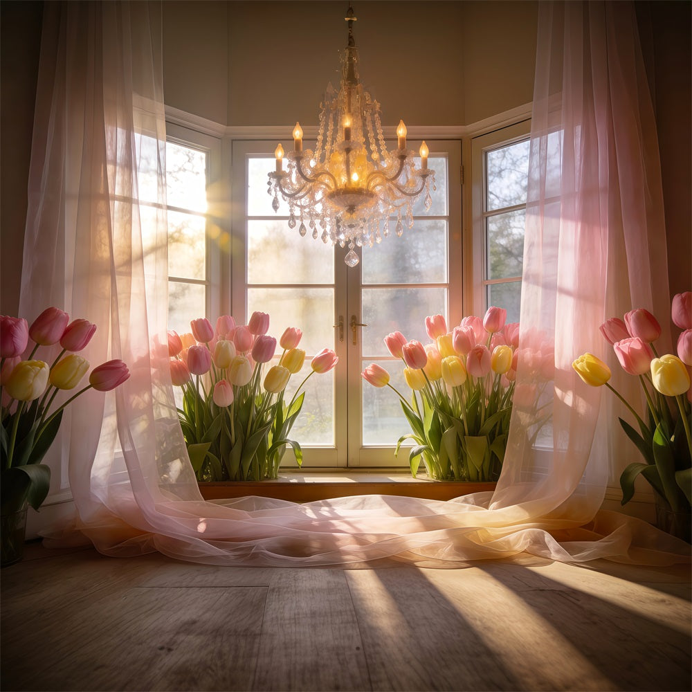 Tulip Backdrop Golden Sunlit Window Chandelier Spring Backdrops For Photography UK RR62-16
