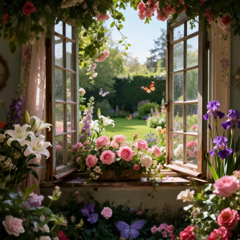 Butterfly Photo Backdrop Lily Rose Garden Window Bloom Springtime Backdrop UK RR62-17