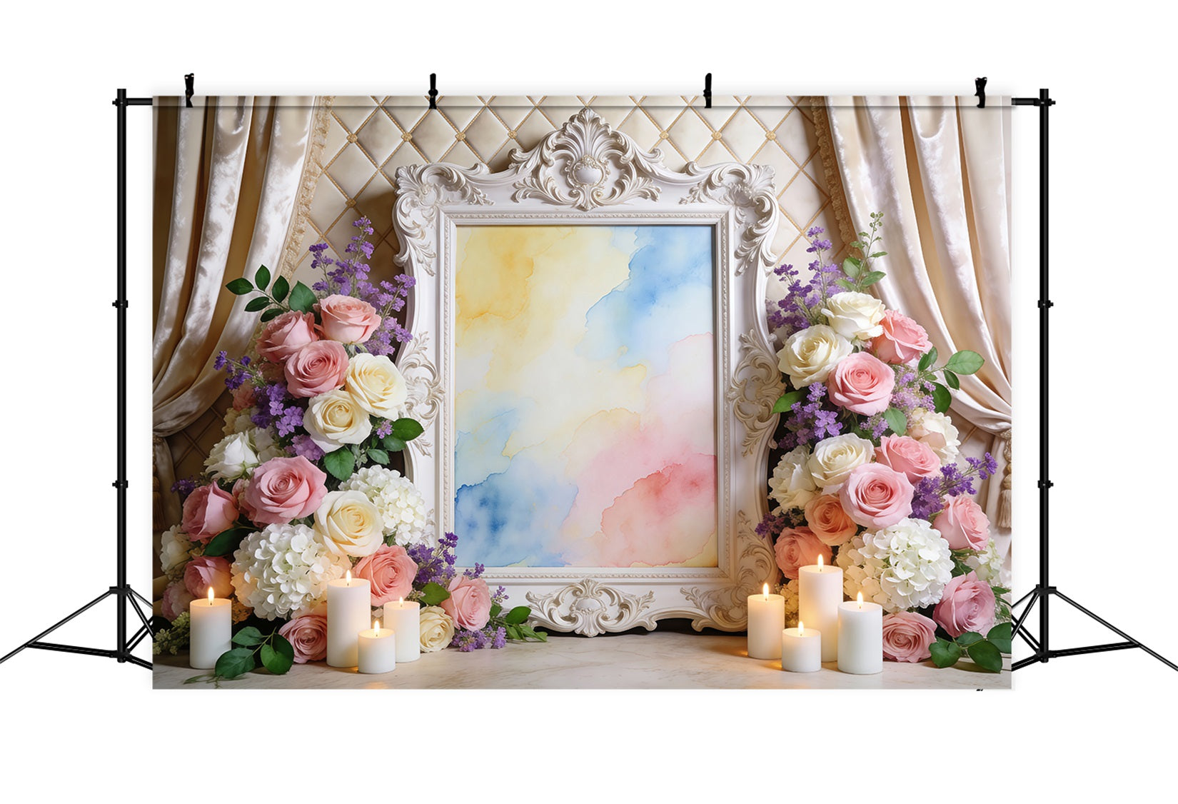 Spring Floral Backdrop Ornate Frame Watercolor Flowers Spring Backdrop Ideas UK RR62-2