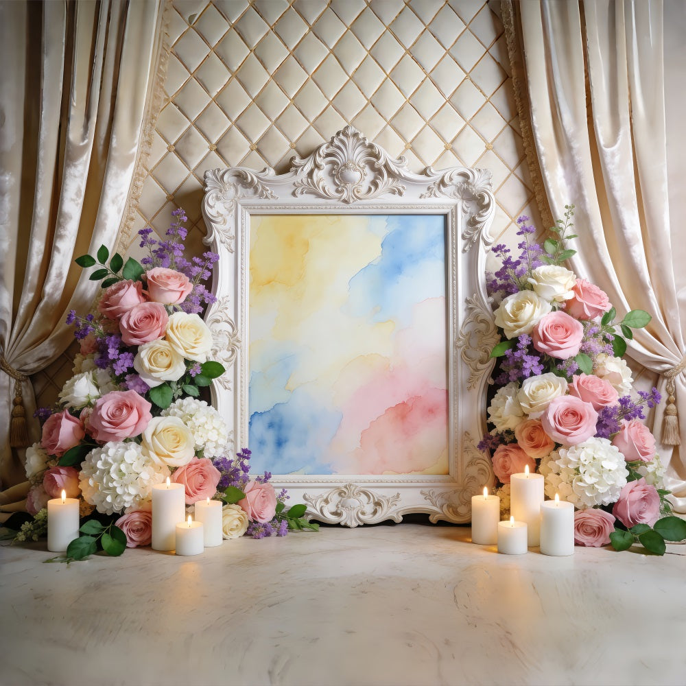 Spring Floral Backdrop Ornate Frame Watercolor Flowers Spring Backdrop Ideas UK RR62-2