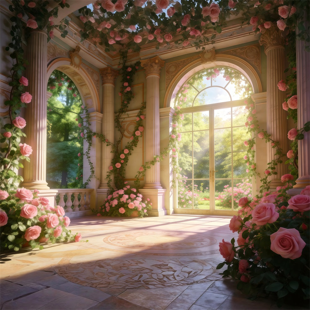 Rose Garden Backdrop Elegant Palace Flower Sunlight Spring Photo Backdrop UK RR62-20
