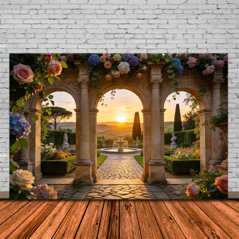 Enchanted Garden Backdrop Sunset Window Stone Archway Spring Picture Backdrop UK RR62-21