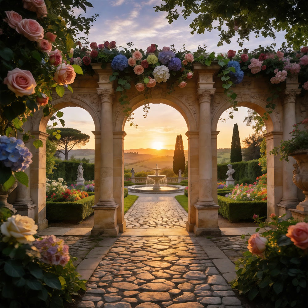 Enchanted Garden Backdrop Sunset Window Stone Archway Spring Picture Backdrop UK RR62-21