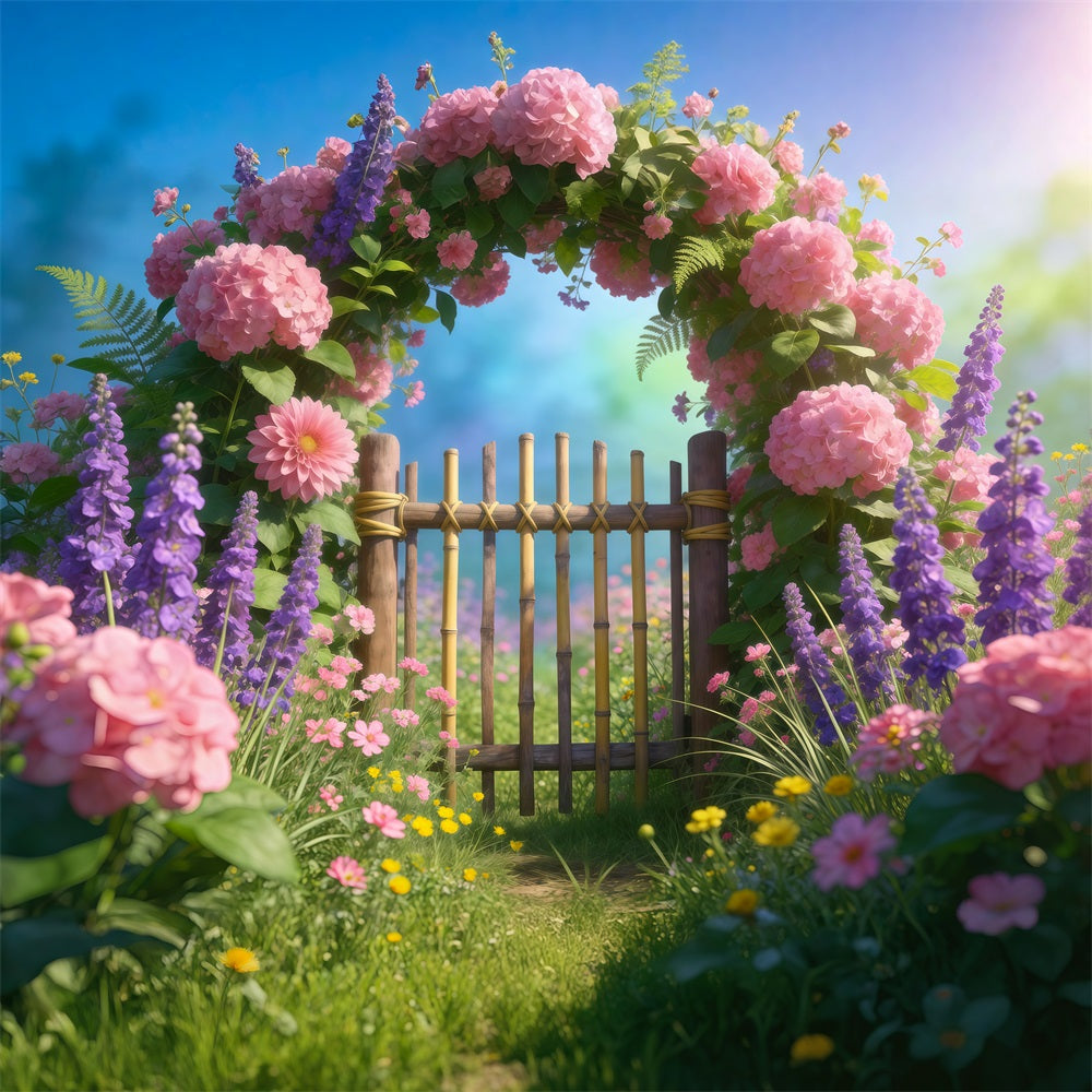 Wildflower Garland Backdrop Pastel Meadow Bamboo Gate Springtime Backdrop UK RR62-23