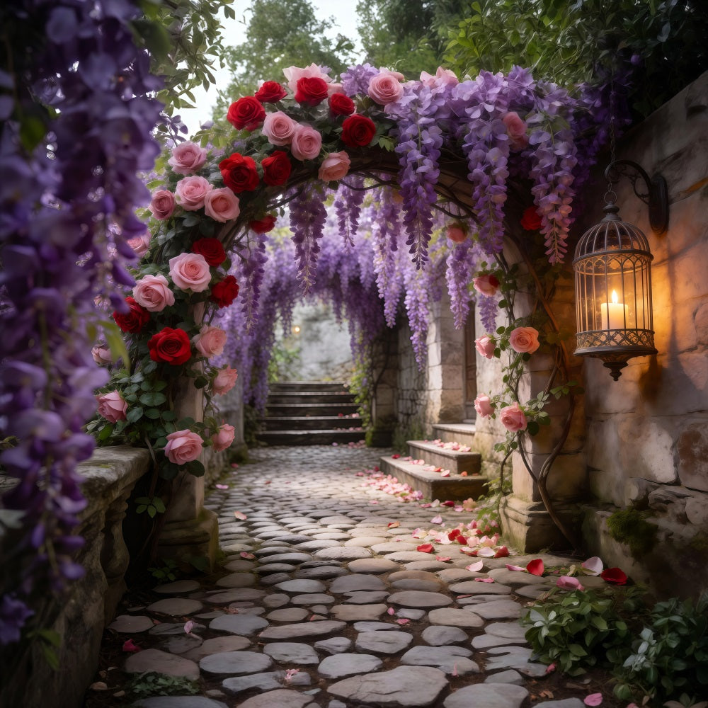 Flower Garden Backdrop Wisteria Rose Stone Passage Spring Photo Backdrop Ideas UK RR62-25