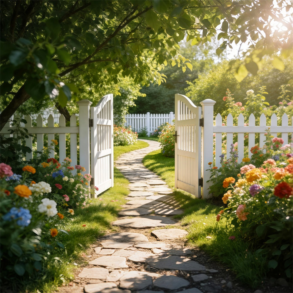 Enchanted Garden Photo Backdrop White Fence Meadow Pathway Spring Backdrops UK RR62-27