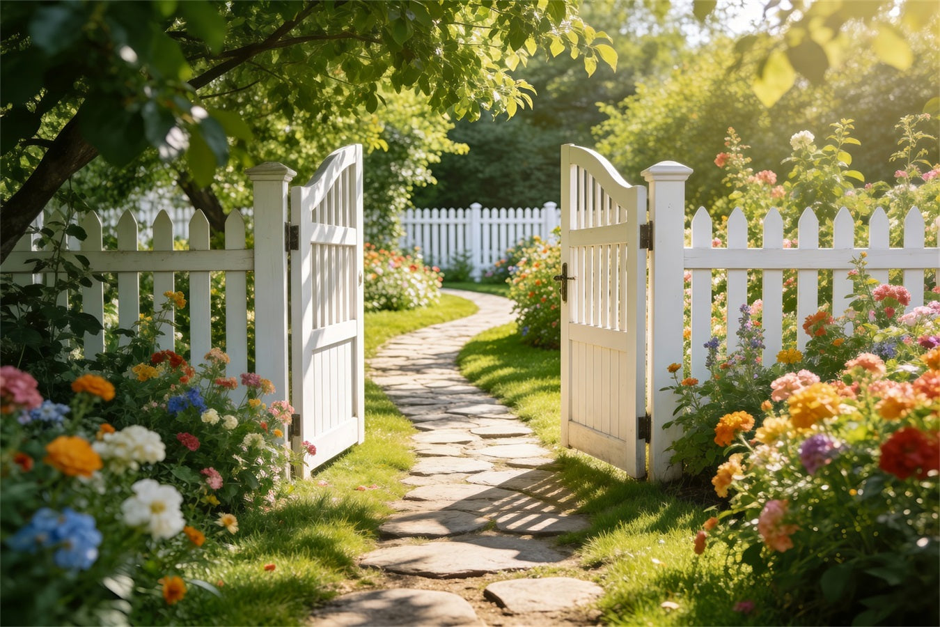 Enchanted Garden Photo Backdrop White Fence Meadow Pathway Spring Backdrops UK RR62-27