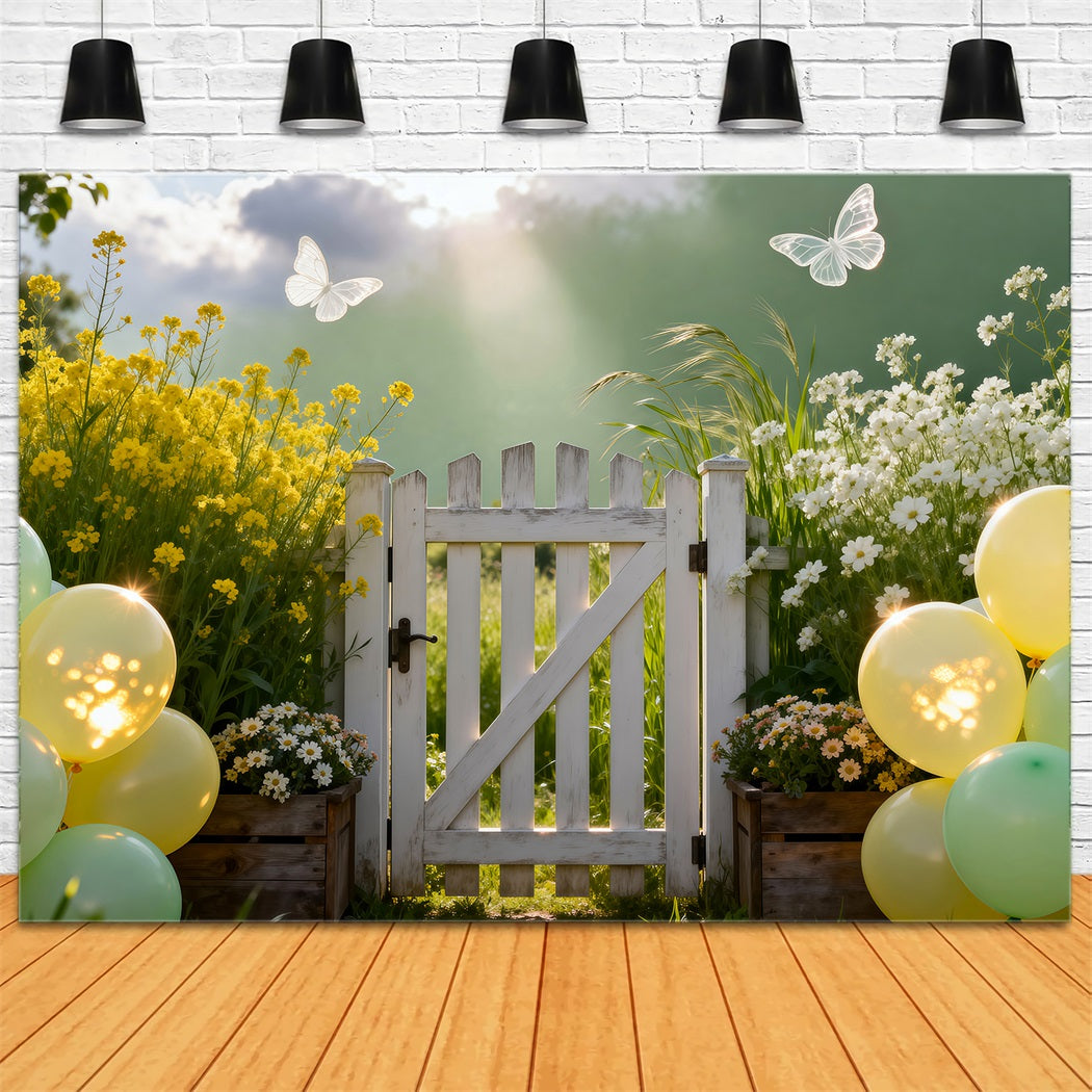Spring Balloon Backdrop Pastel Meadow Gate Sunlight Floral Garden Backdrop UK RR62-28