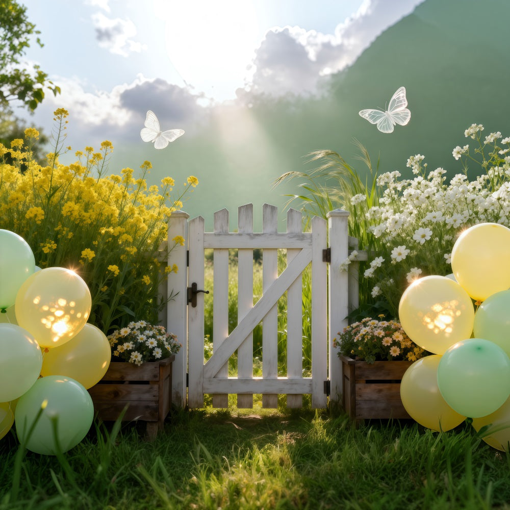 Spring Balloon Backdrop Pastel Meadow Gate Sunlight Floral Garden Backdrop UK RR62-28