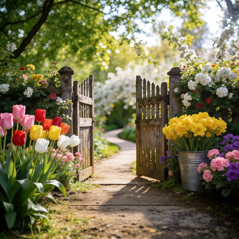 Daffodil Backdrop Tulip Garden Wooden Gate Spring Photoshoot Backdrop UK RR62-29