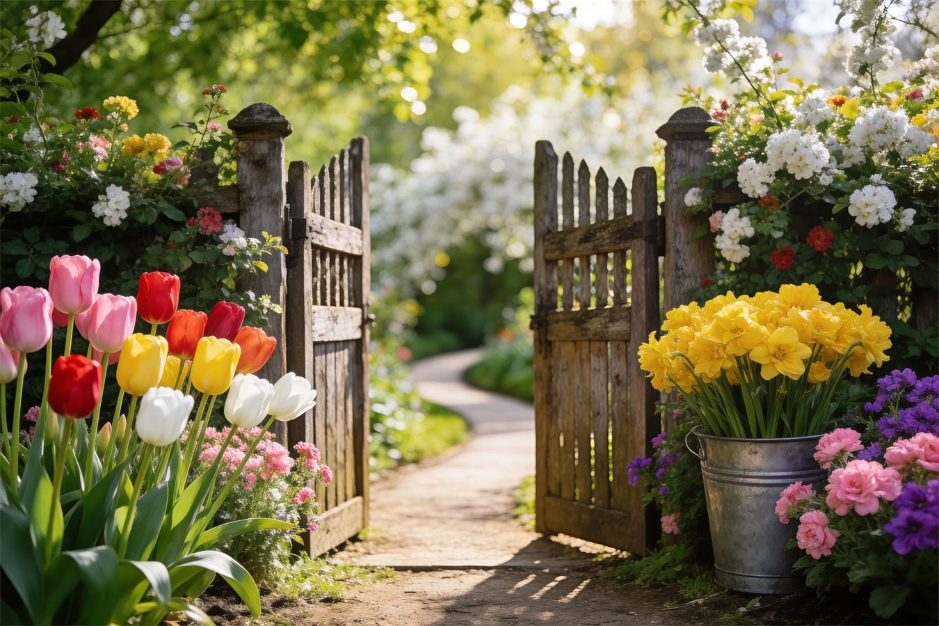 Daffodil Backdrop Tulip Garden Wooden Gate Spring Photoshoot Backdrop UK RR62-29