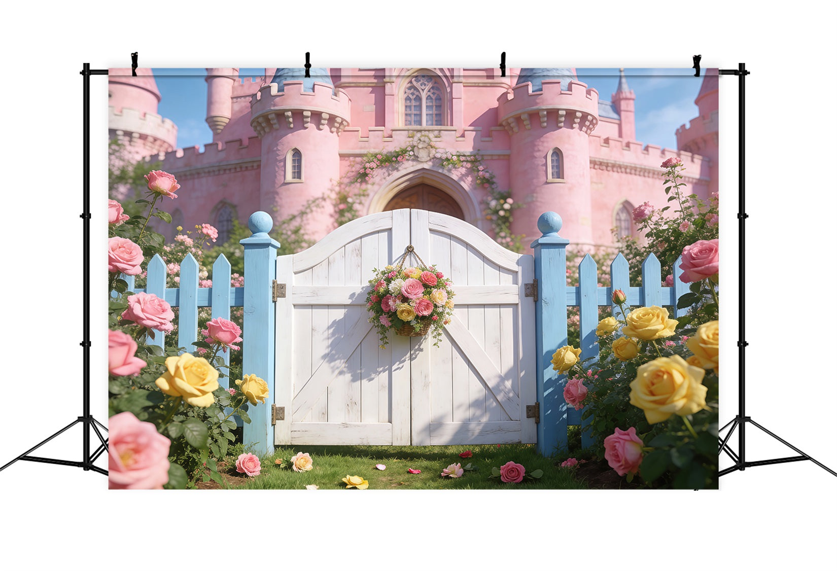 Enchanted Garden Backdrop Pink Castle Rose Floral Gate Spring Photo Backdrops UK RR62-35