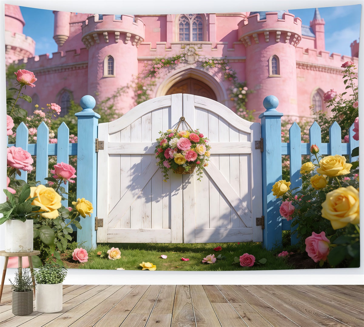 Enchanted Garden Backdrop Pink Castle Rose Floral Gate Spring Photo Backdrops UK RR62-35