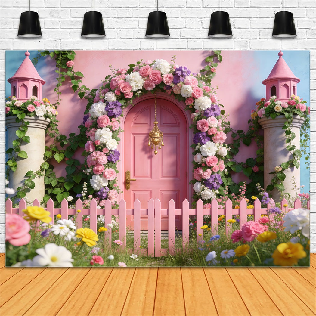 Spring Garden Backdrop Fairytale Pink Door Fence Floral Arch Backdrop UK RR62-38
