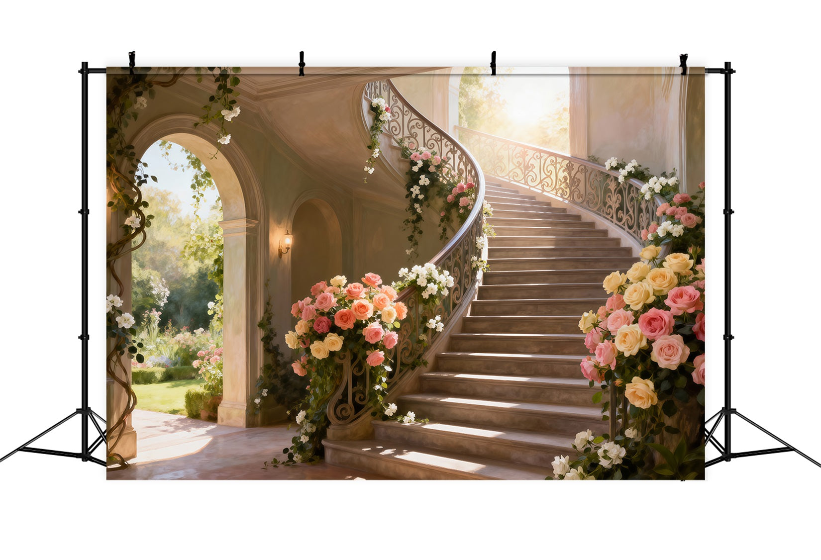 Spring Break Backdrop Sunlit Flower Grand Staircase Floral Photo Backdrops UK RR62-39