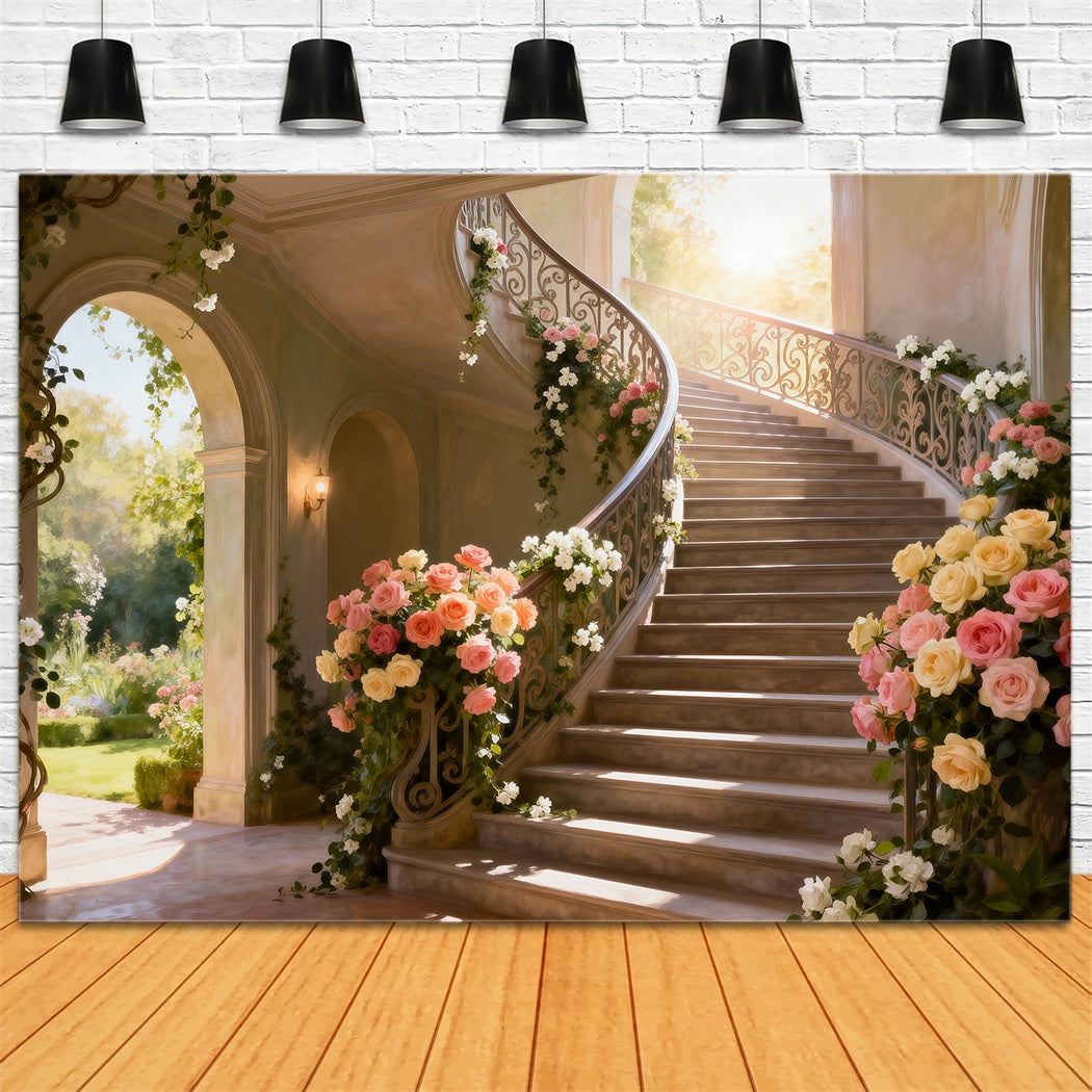 Spring Break Backdrop Sunlit Flower Grand Staircase Floral Photo Backdrops UK RR62-39