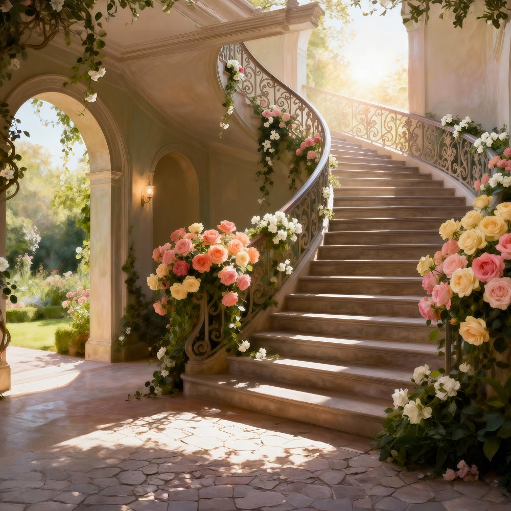 Spring Break Backdrop Sunlit Flower Grand Staircase Floral Photo Backdrops UK RR62-39