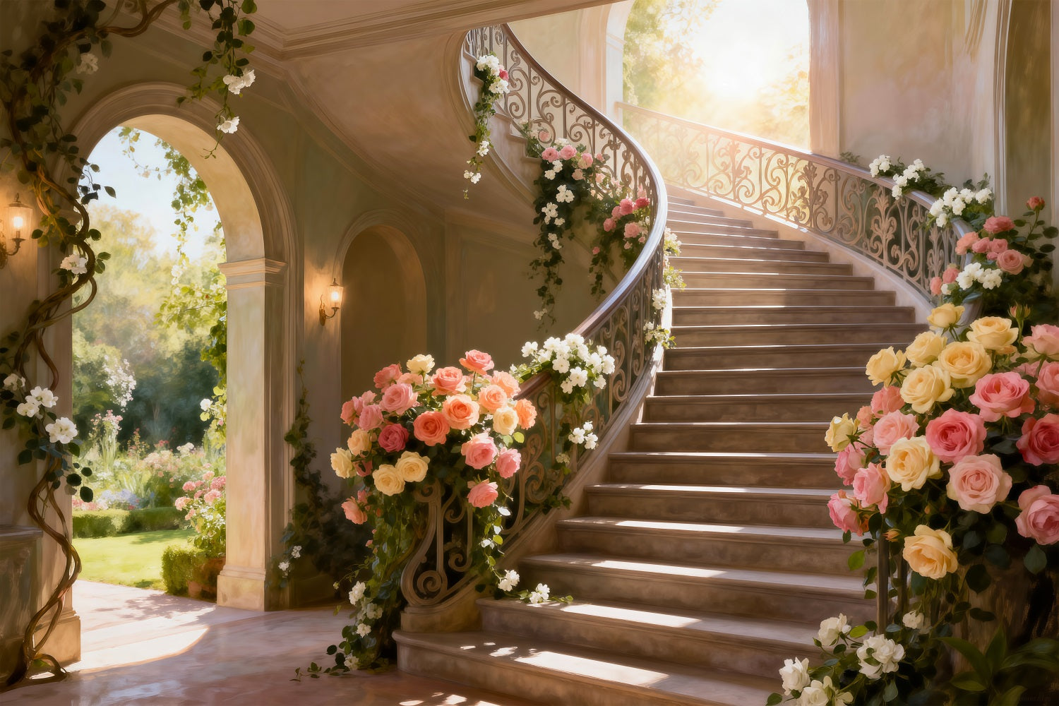 Spring Break Backdrop Sunlit Flower Grand Staircase Floral Photo Backdrops UK RR62-39