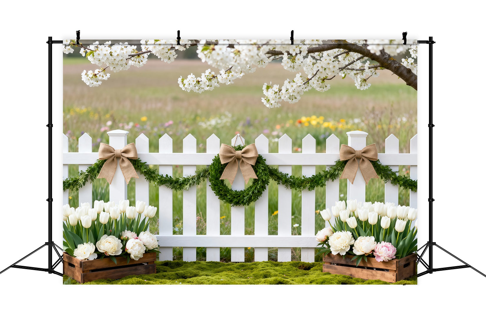 Cherry Blossoms Backdrop Wildflower Meadow Fence Tulip Spring Photo Backdrop Ideas UK RR62-47