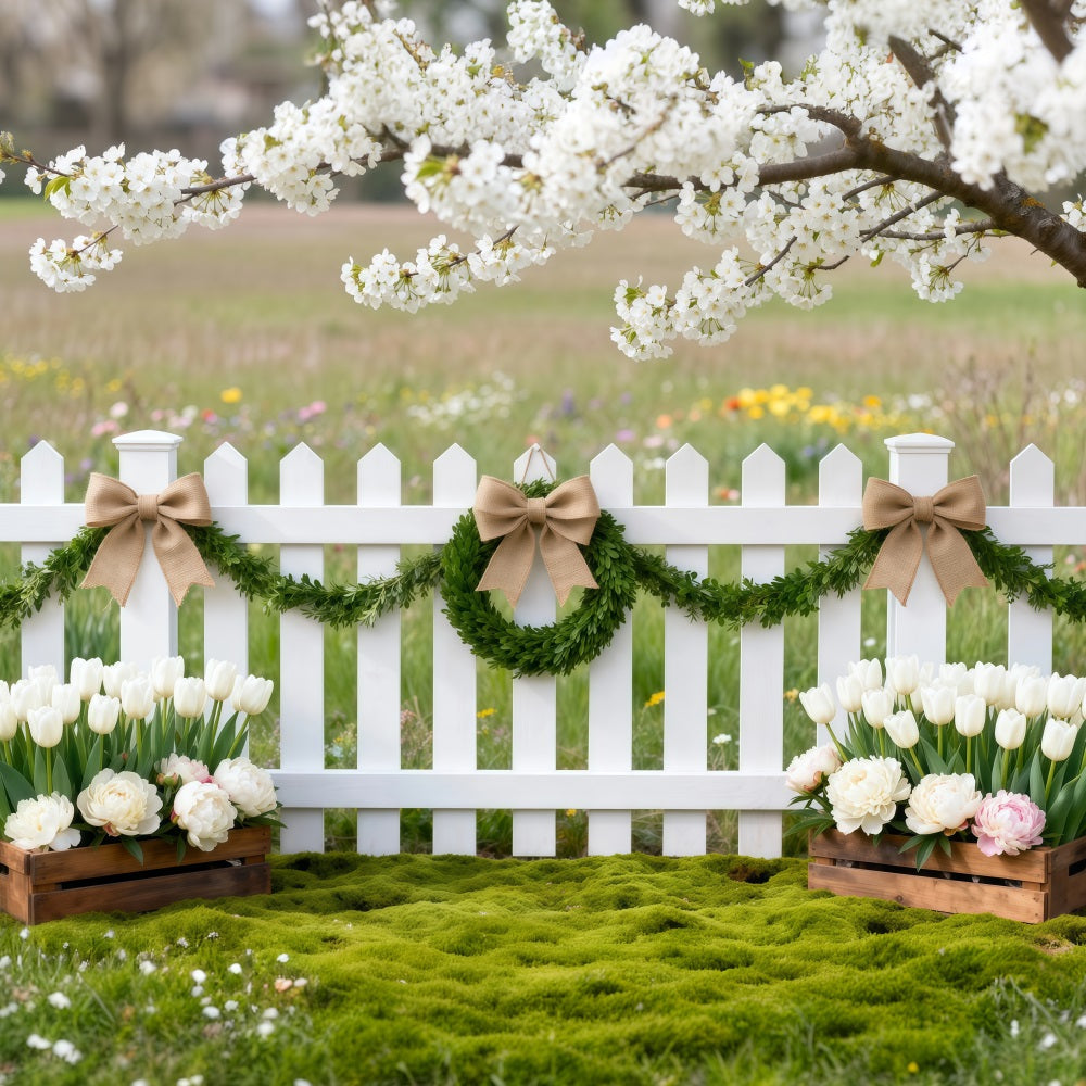Cherry Blossoms Backdrop Wildflower Meadow Fence Tulip Spring Photo Backdrop Ideas UK RR62-47