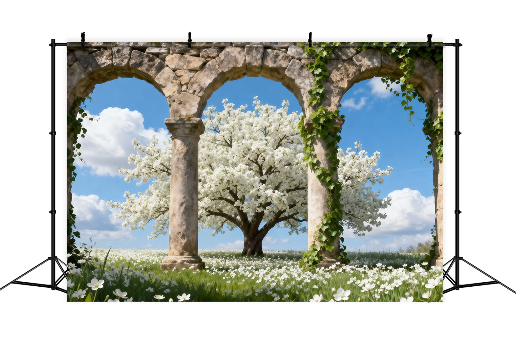Cherry Blossom Tree Backdrop Stone Triple Arches Cloud Spring Theme Backdrop UK RR62-49