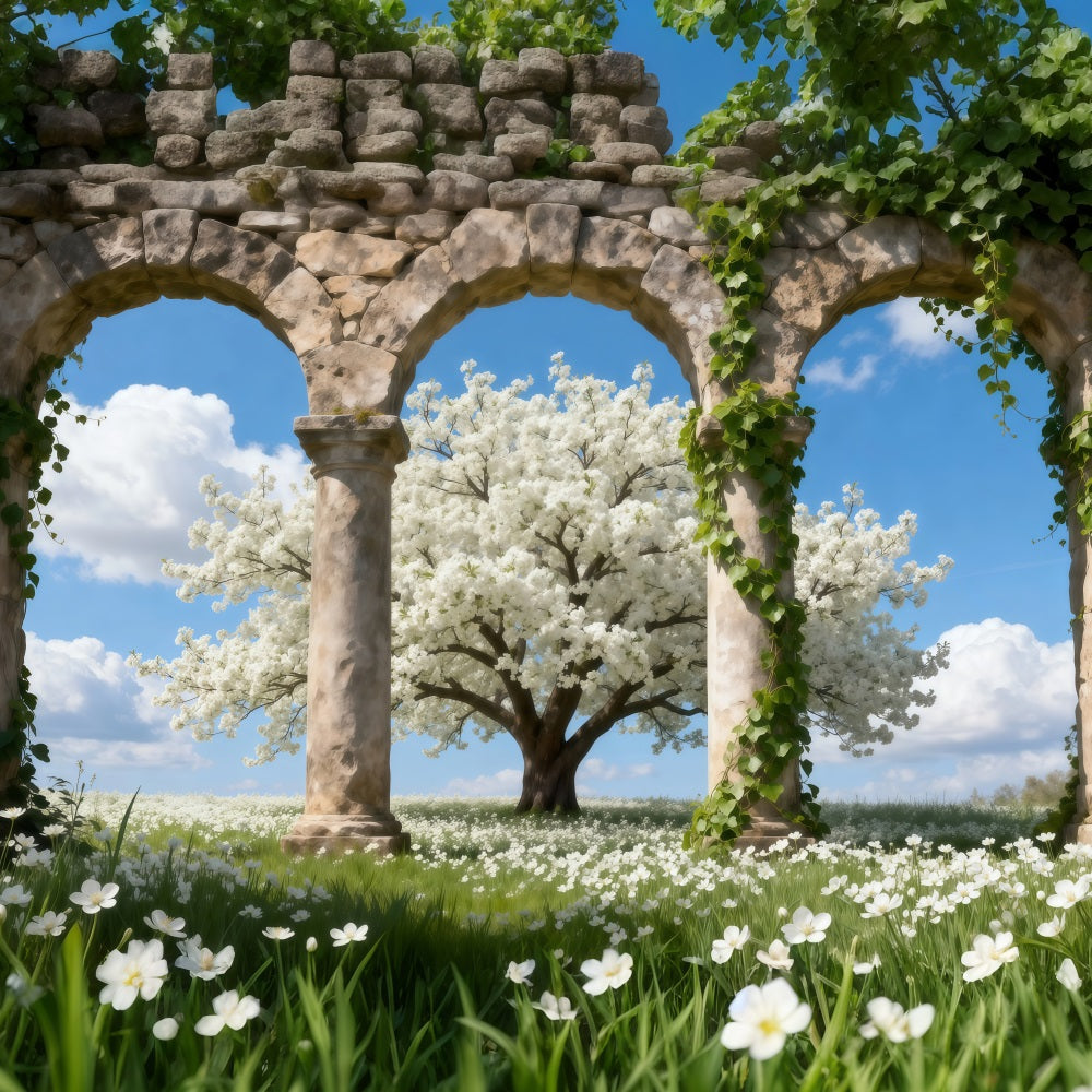 Cherry Blossom Tree Backdrop Stone Triple Arches Cloud Spring Theme Backdrop UK RR62-49