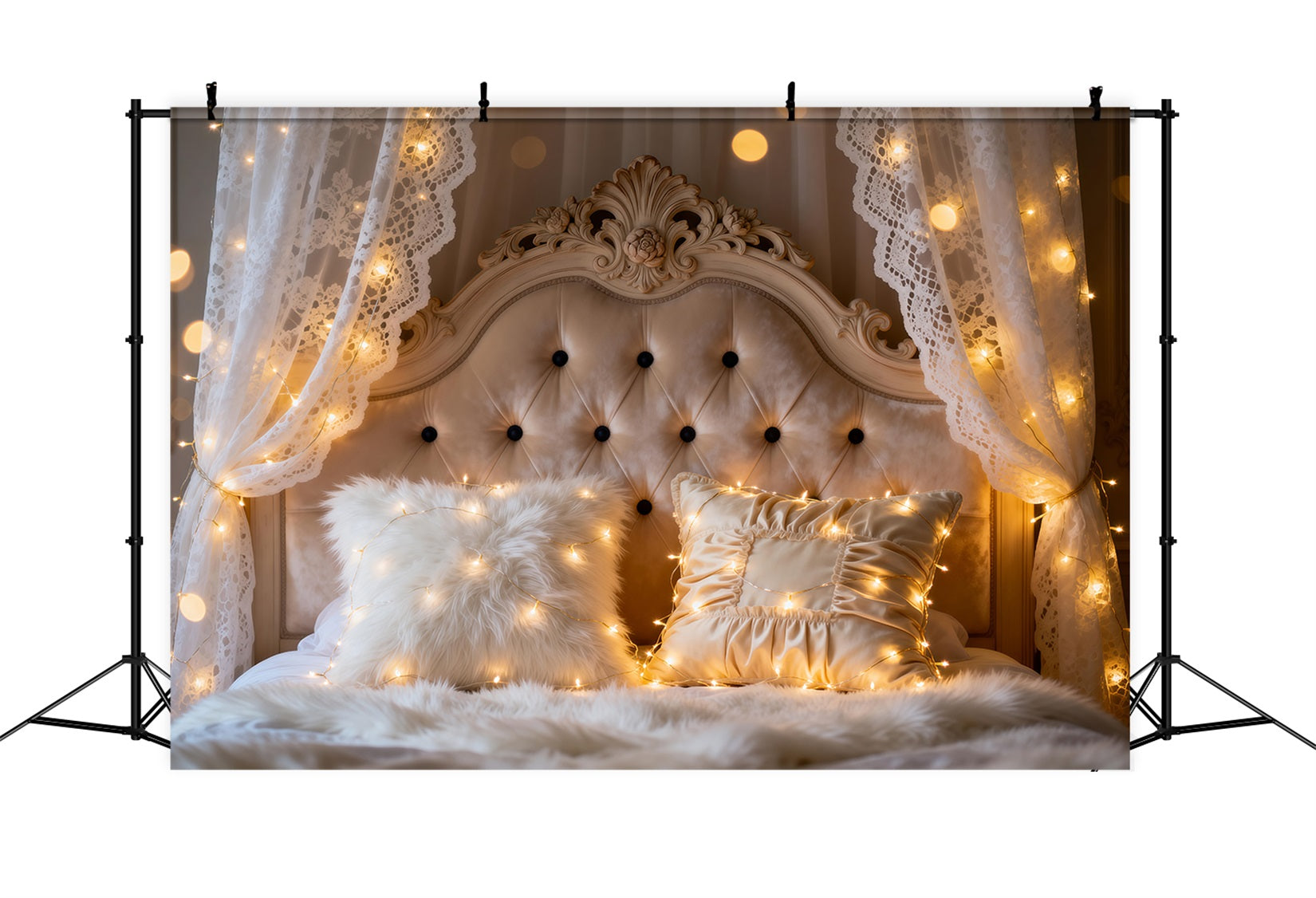 Boudoir Backdrop Ideas Ivory Lace Fairy Light Glow Tufted Headboard Backdrop UK RR62-54