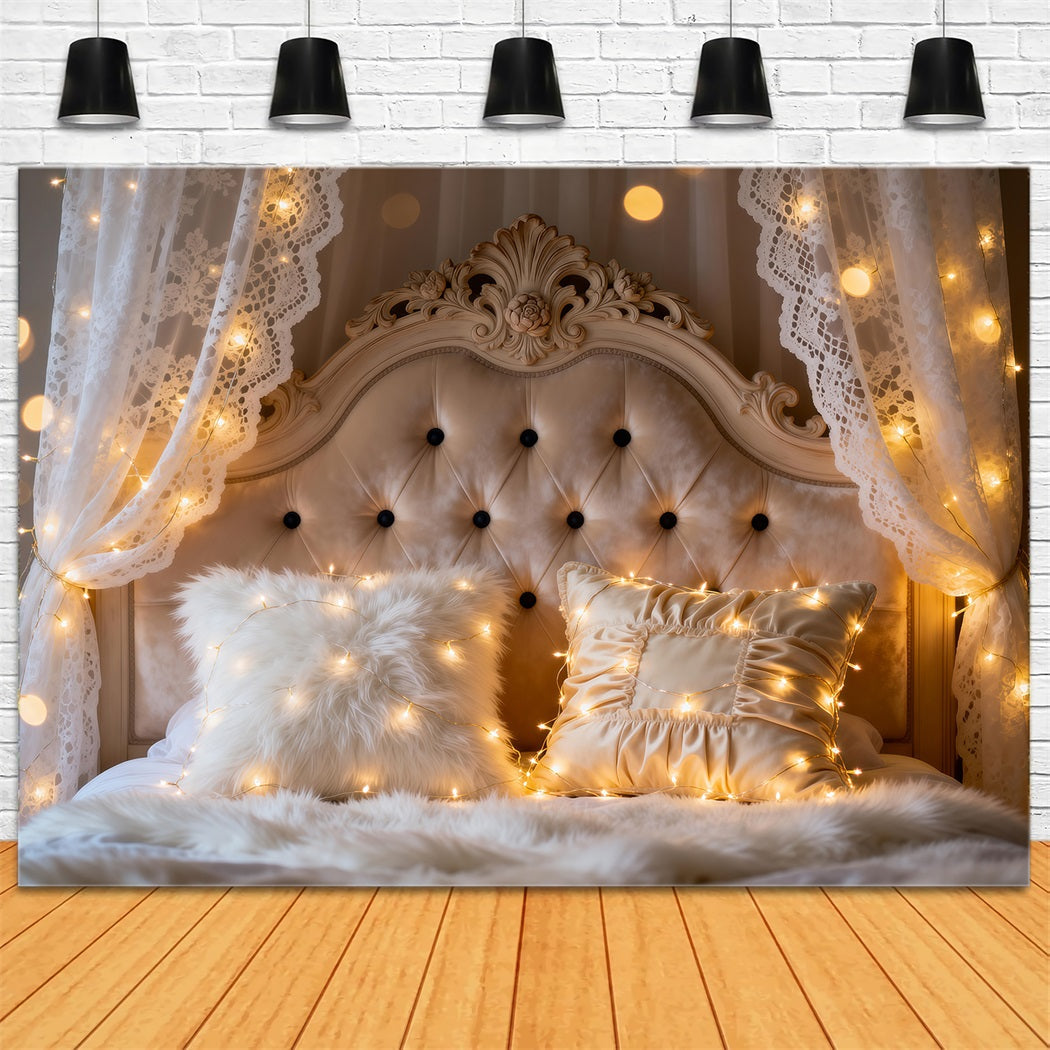 Boudoir Backdrop Ideas Ivory Lace Fairy Light Glow Tufted Headboard Backdrop UK RR62-54