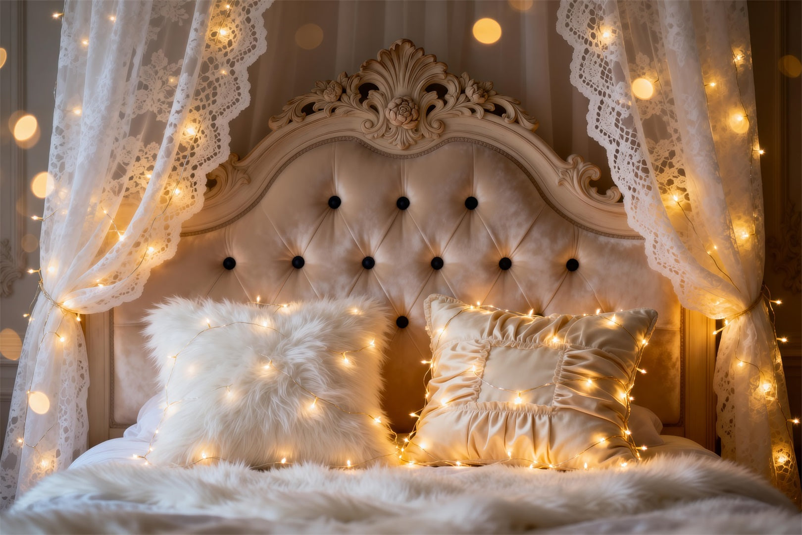Boudoir Backdrop Ideas Ivory Lace Fairy Light Glow Tufted Headboard Backdrop UK RR62-54