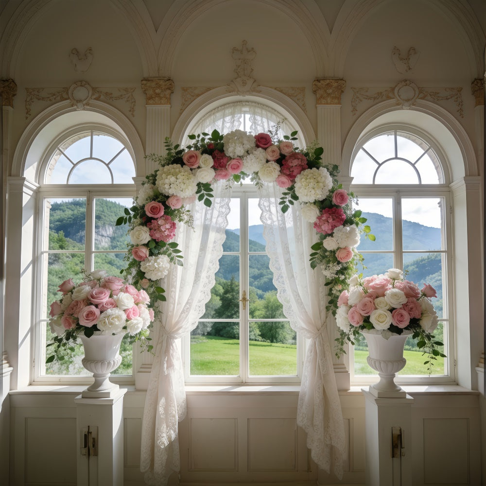 Spring Wedding Backdrop Classic Window Rose Arch Drapes Floral Photo Backdrop UK RR62-6