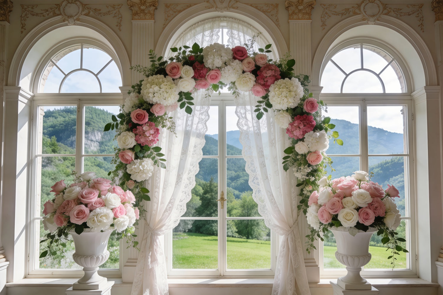 Spring Wedding Backdrop Classic Window Rose Arch Drapes Floral Photo Backdrop UK RR62-6
