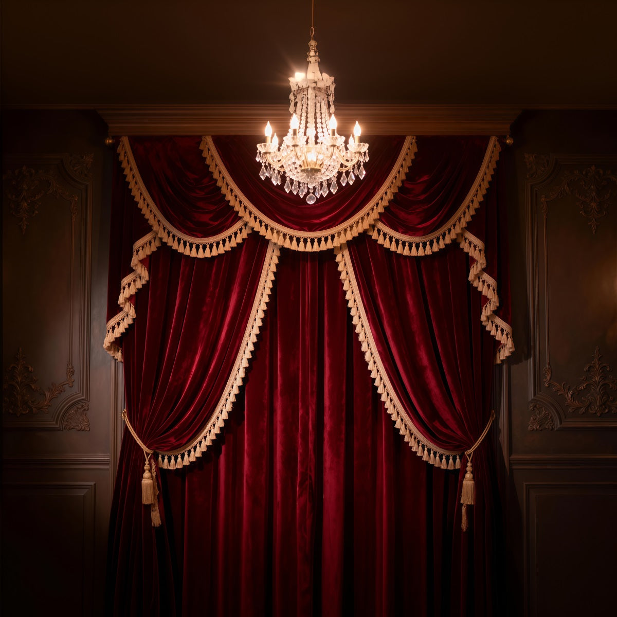 Boudoir Photography Backdrops Grand Burgundy Tassel Curtain Chandelier Vintage Backdrop UK RR62-77