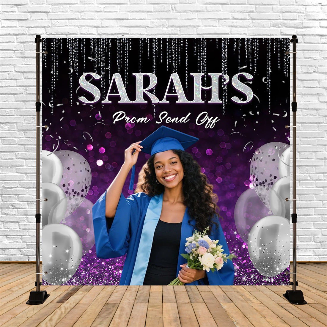 Prom Send Off Backdrops Purple Glitter Silver Balloon Custom Graduation Party Backdrop UK RR63-12