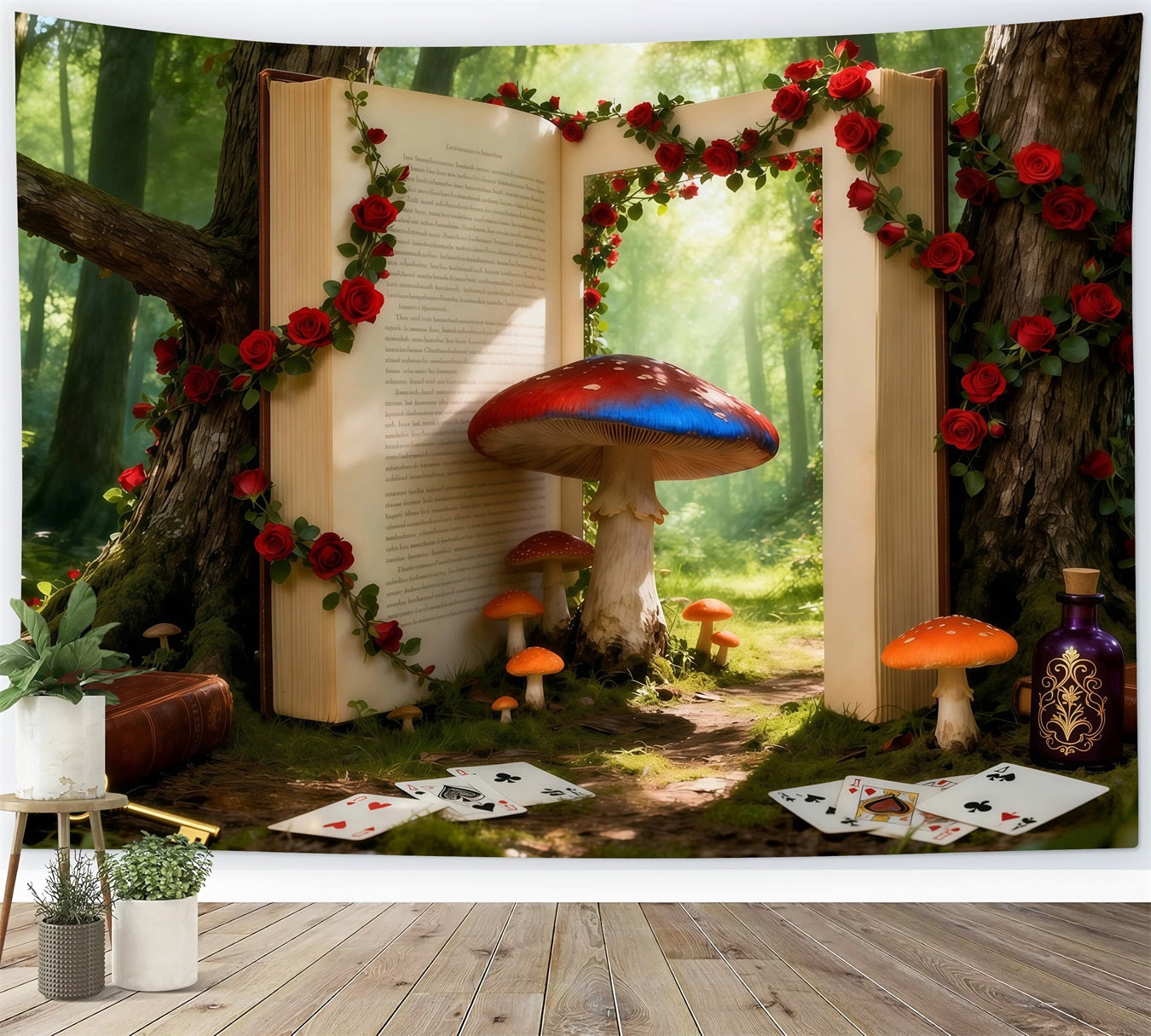 Fairy Tale Forest Backdrop Fantasy Storybook Portal Mushroom Roses Forest Photo Backdrop UK RR63-126