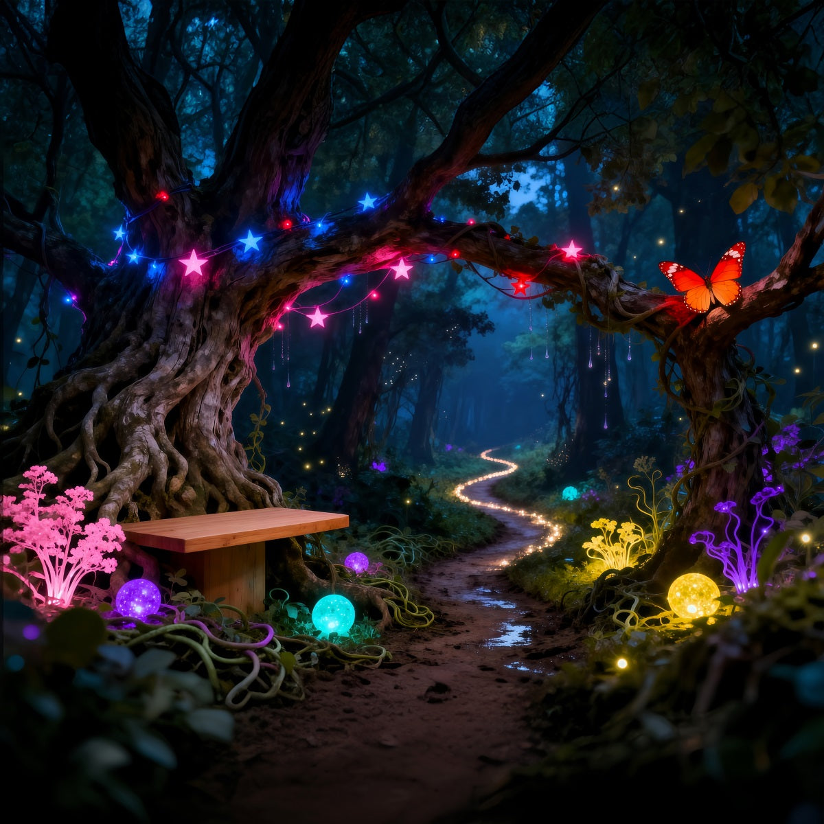 Enchanted Forest Backdrops Neon Fantasy Glowing Path Butterfly Forest Photography Backdrop UK RR63-130