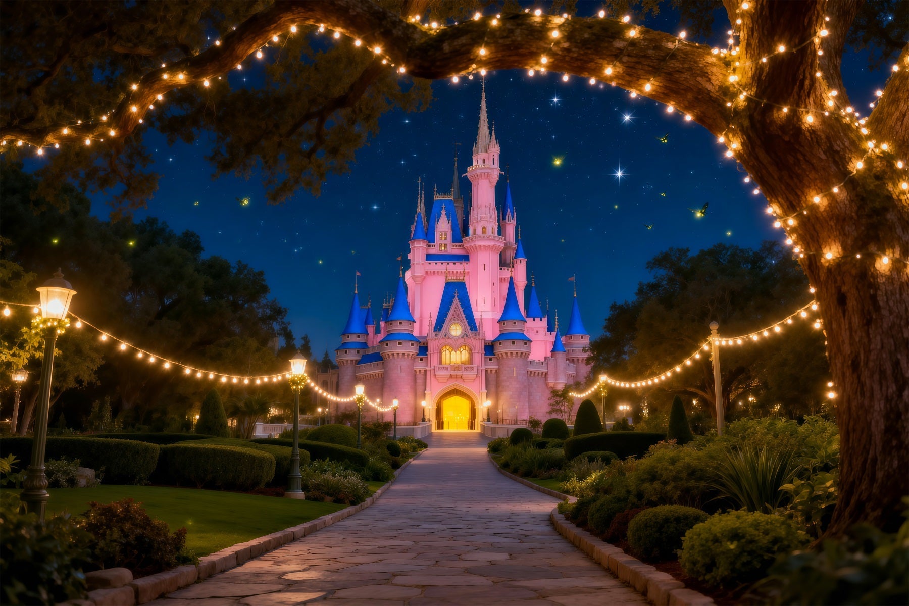 Backdrop Forest Fairytale Castle Night Light Path Forest Backdrops For Photography UK RR63-132