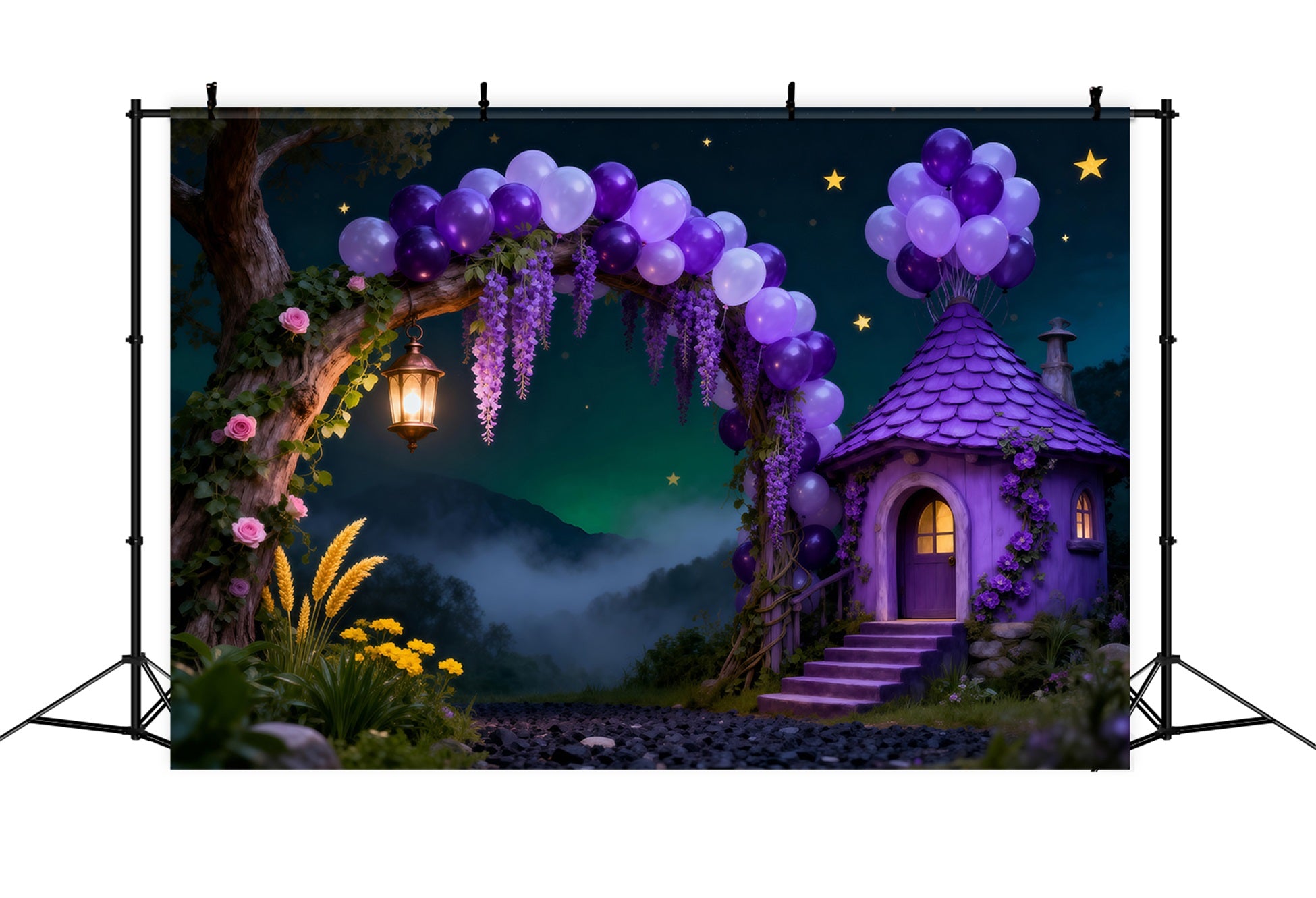 Enchanted Forest Balloon Backdrop Purple Cottage Arch Starry Night Forest Backdrop UK RR63-134