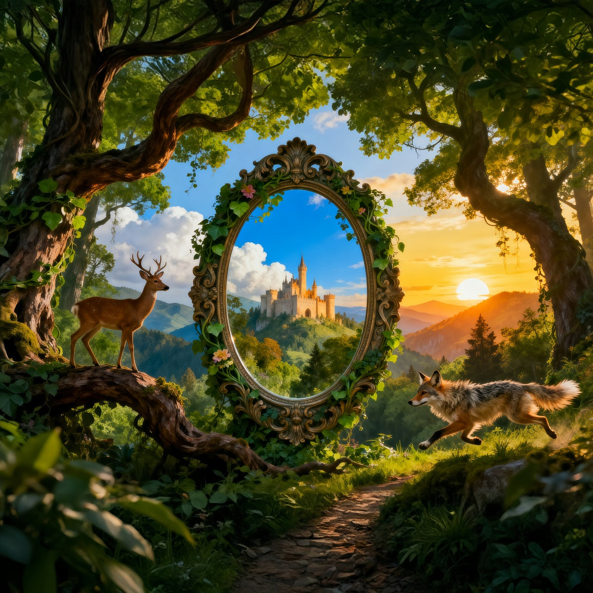 Fantasy Forest Backdrop Magic Mirror Castle Deer Fox Fairy Tale Forest Backdrop UK RR63-135